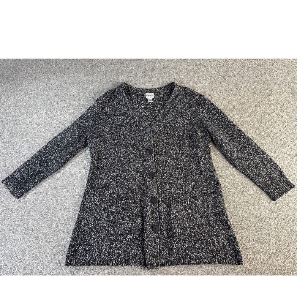 Chicos Cardigan‎ Womens XL Black Marled Knit Button Front Longline Sweater Cozy